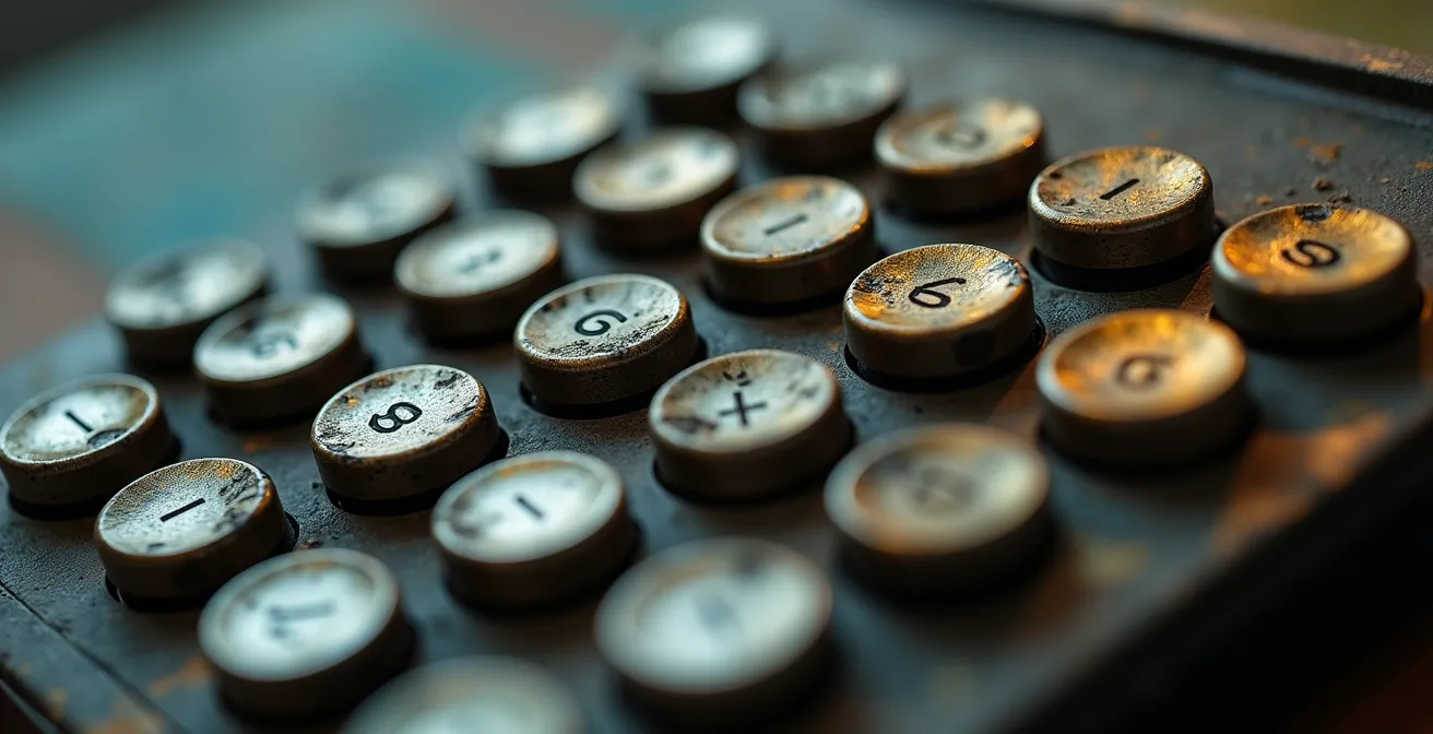 Macro sur une calculatrice vintage avec reflets dorés