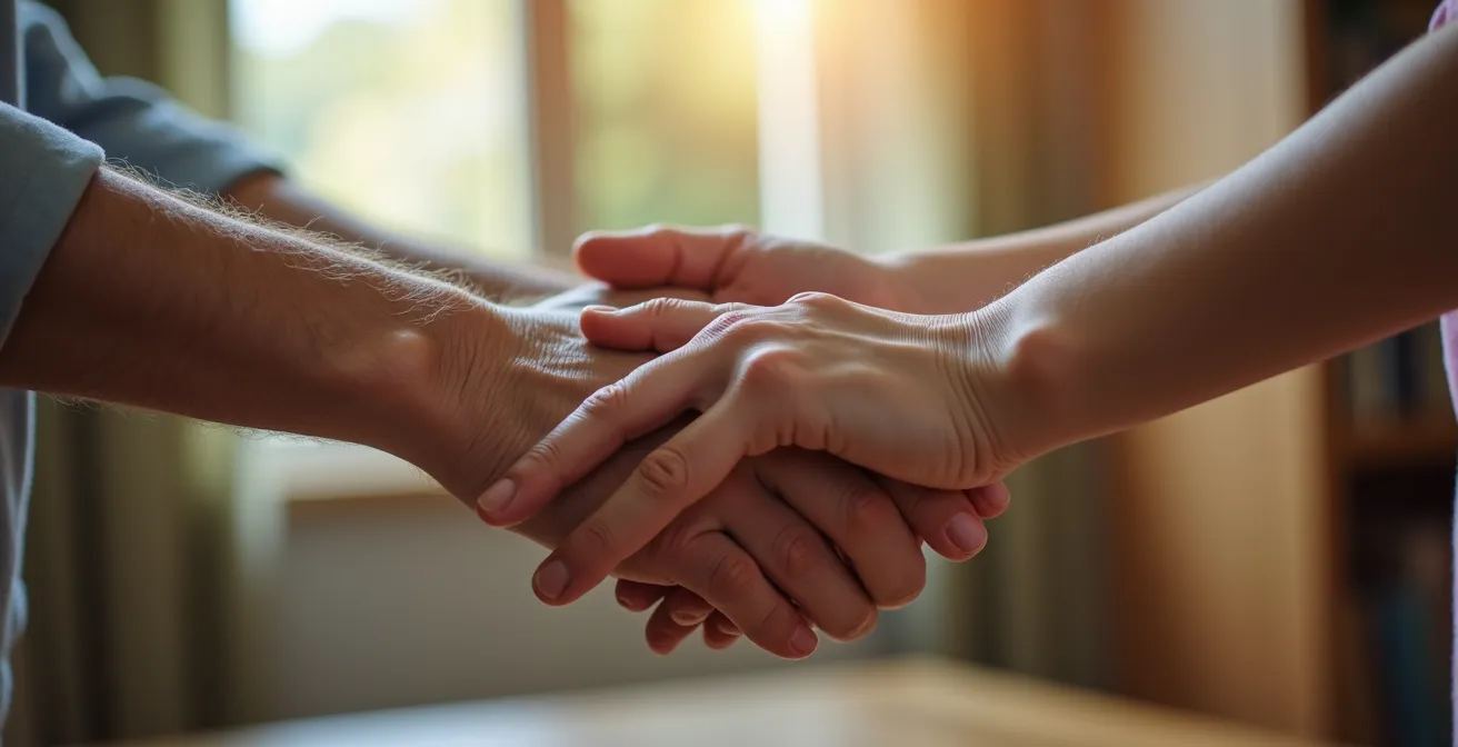 Mains de trois générations réunies symbolisant la transmission