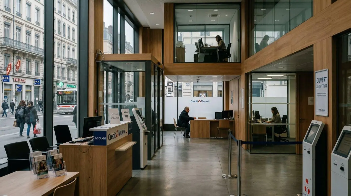 Intérieur d'une agence bancaire française moderne et épurée, architecture contemporaine avec verre et bois, lumière naturelle provenant des baies vitrées