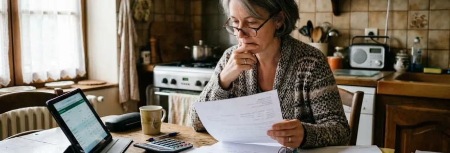 Une femme d'âge mûr consulte des documents financiers à sa table de cuisine, tablette et calculatrice posées devant elle, expression concentrée