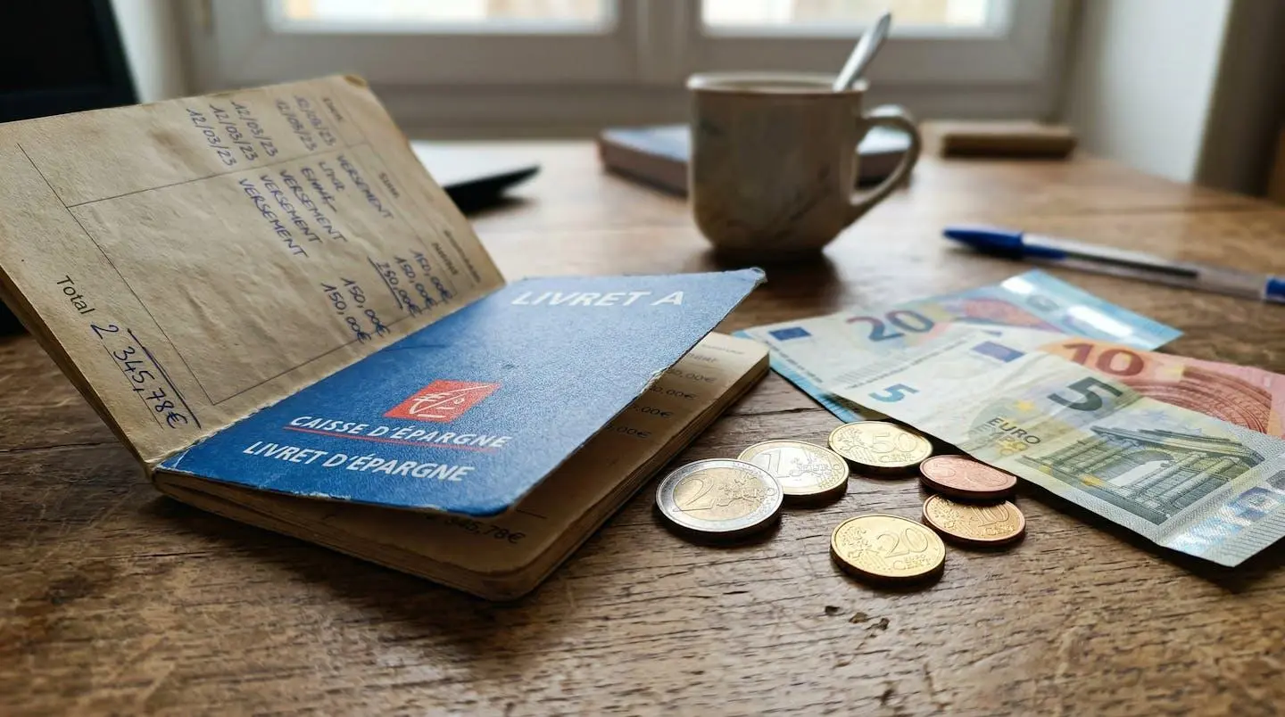 Gros plan sur un livret d'épargne français posé à côté de pièces et billets en euros sur un bureau en bois, faible profondeur de champ