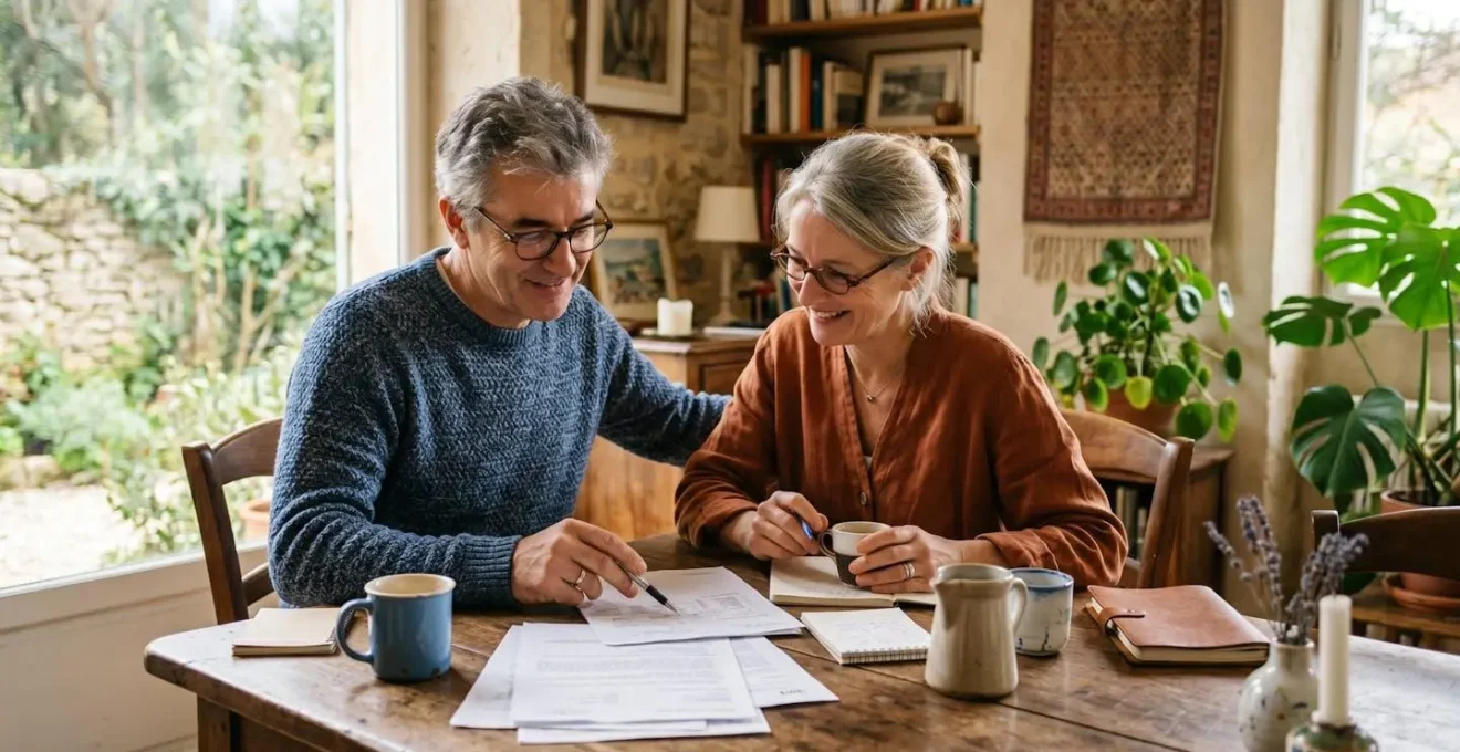 Un couple d'âge mûr discute de documents financiers autour d'une table, environnement domestique naturel