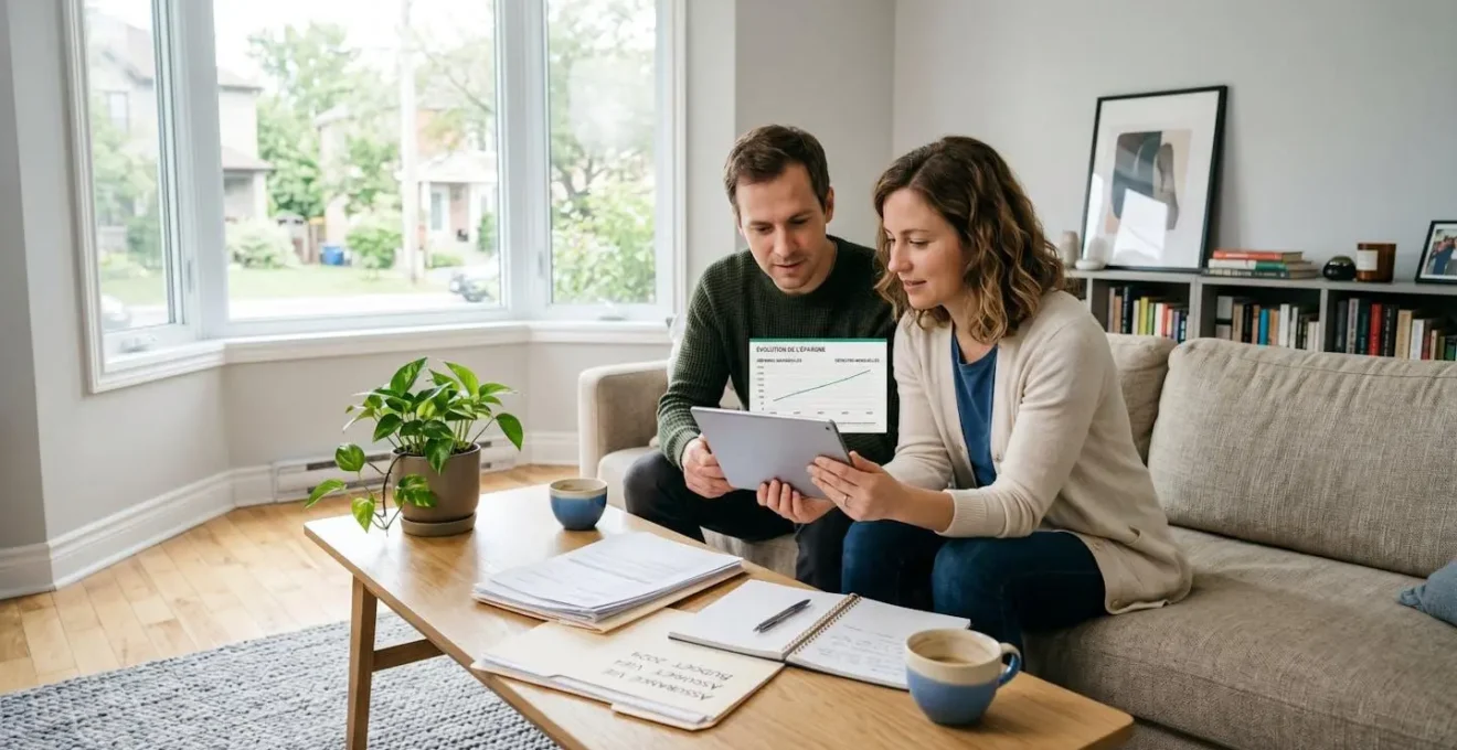 Couple de trentenaires analysant des documents financiers et un graphique sur tablette dans un salon moderne et lumineux
