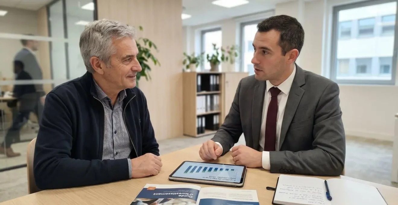 Homme de 60 ans en discussion avec un conseiller financier dans un bureau lumineux, documents et tablette sur la table
