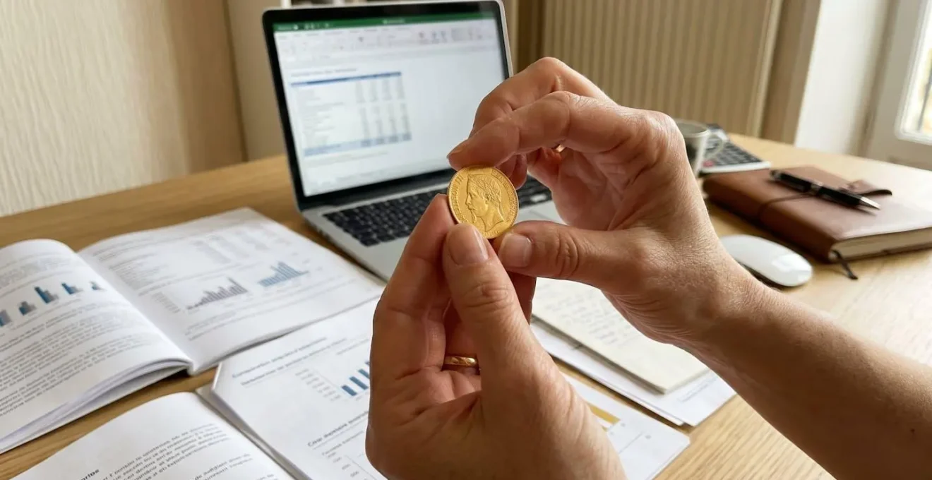 Gros plan sur les mains d'une femme de 40 ans manipulant délicatement une pièce d'or devant des documents financiers
