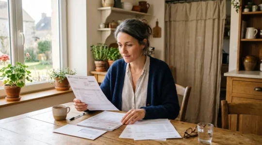 Une personne en tenue décontractée consulte ses documents d'épargne à une table lumineuse, expression concentrée