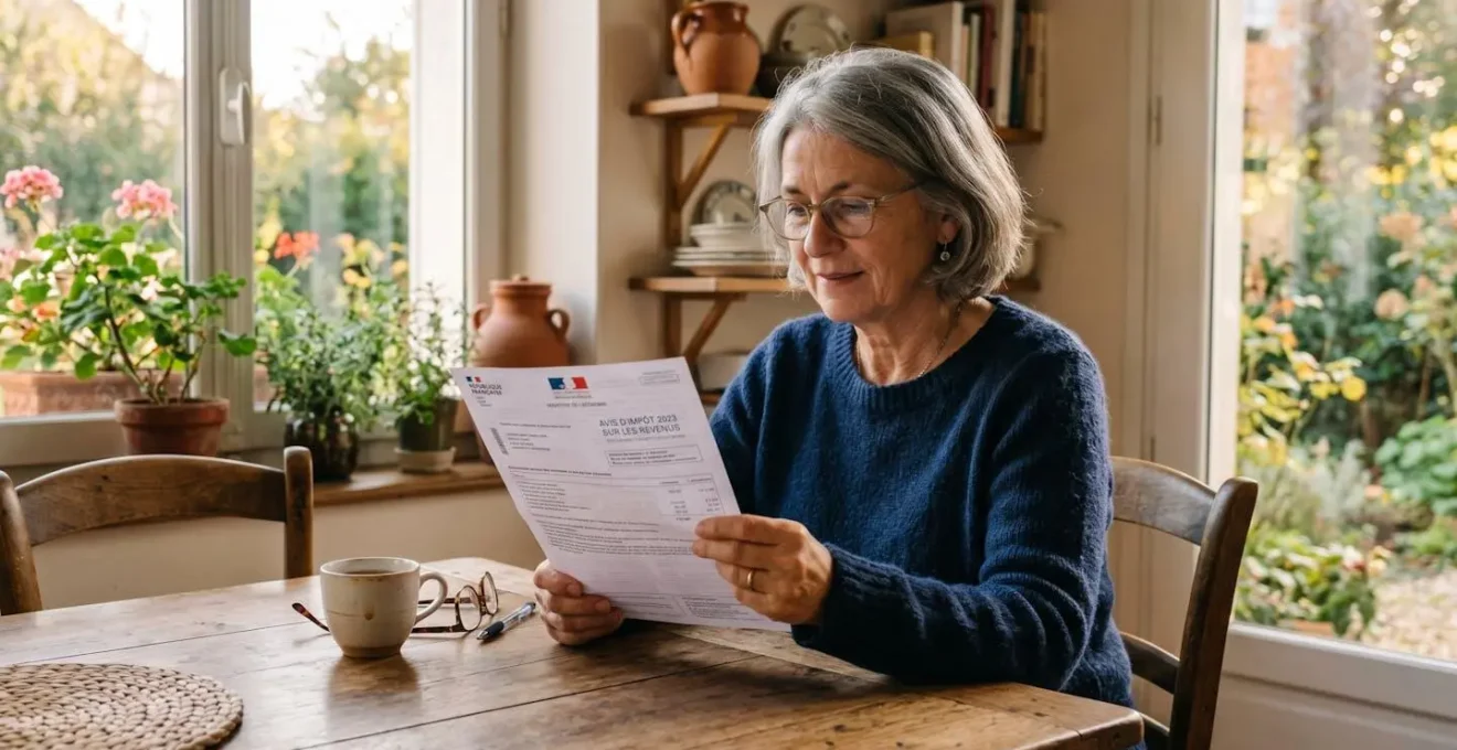 Une femme retraitée consulte son avis d'imposition à la table de sa cuisine, stylet posé sur le document