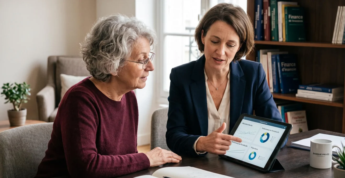 Conseillère financière expliquant les options de gestion profilée d'assurance-vie à une cliente senior lors d'une consultation personnalisée