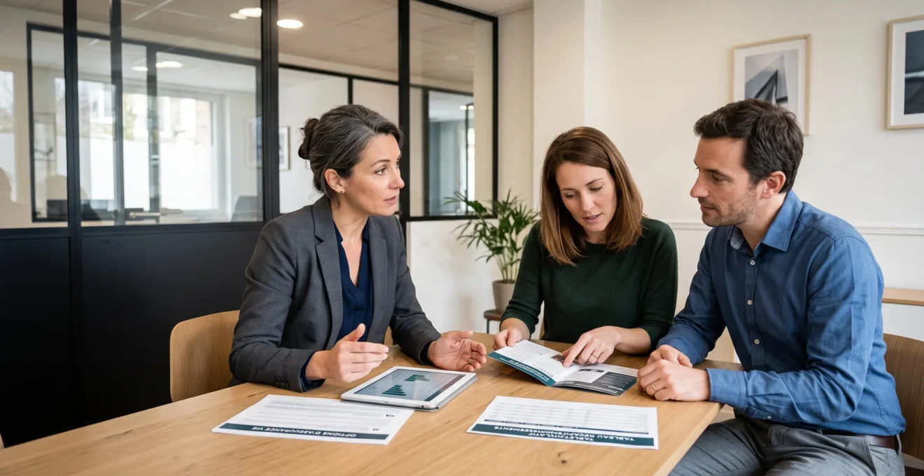 Conseiller en gestion de patrimoine expliquant les options d'assurance-vie multisupport à un couple lors d'une consultation dans un bureau moderne