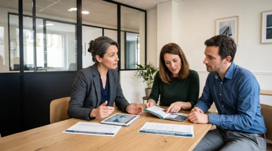Conseiller en gestion de patrimoine expliquant les options d'assurance-vie multisupport à un couple lors d'une consultation dans un bureau moderne