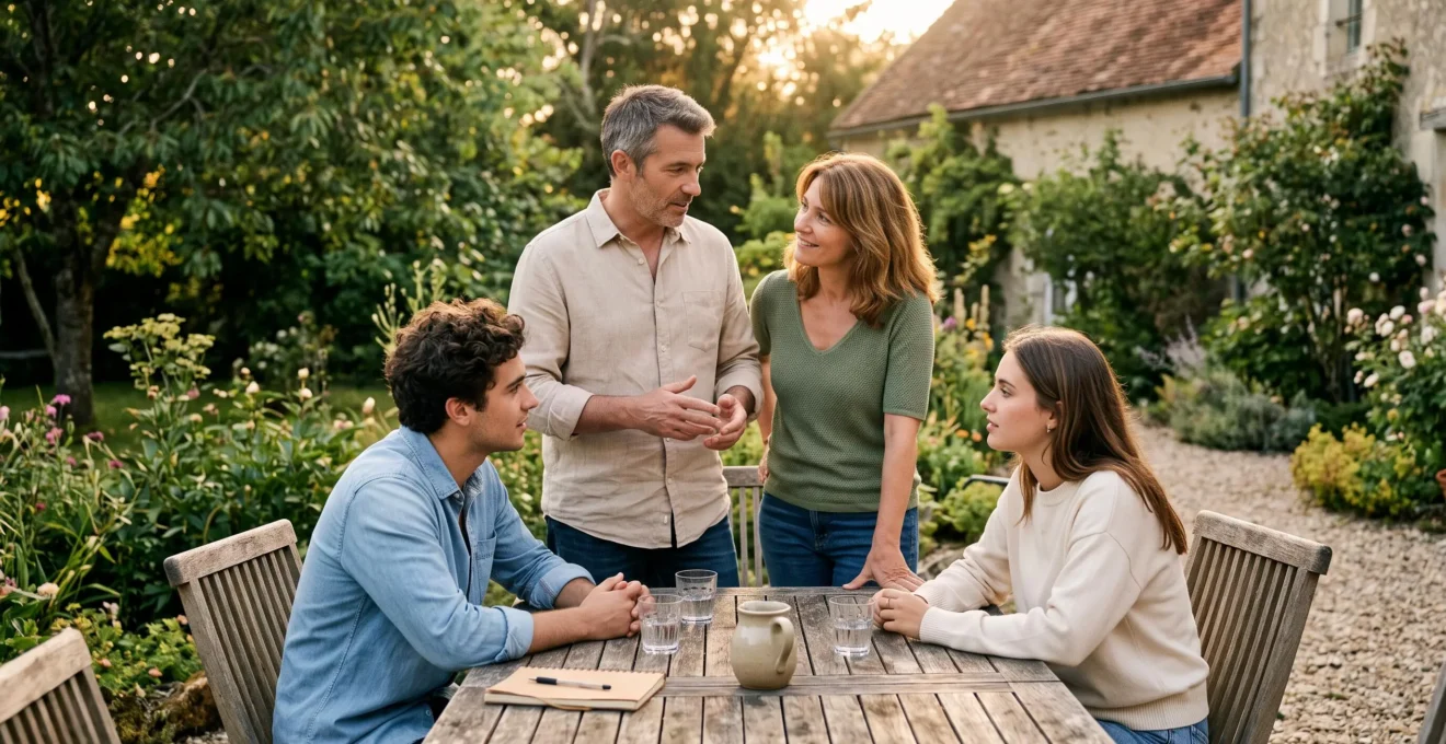 Famille intergénérationnelle discutant de planification financière et de transmission patrimoniale dans un jardin résidentiel