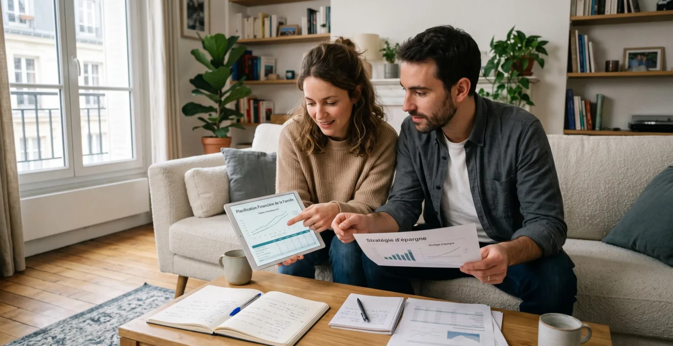 Jeune couple discutant de leur stratégie d'épargne et consultant des documents financiers ensemble dans leur appartement