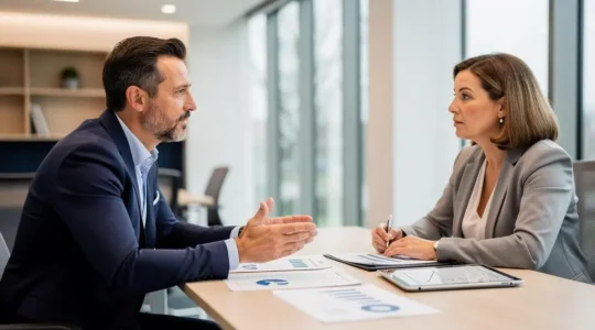 Conseiller financier et cliente en discussion lors d'un rendez-vous de conseil patrimonial sur l'épargne retraite dans un bureau professionnel