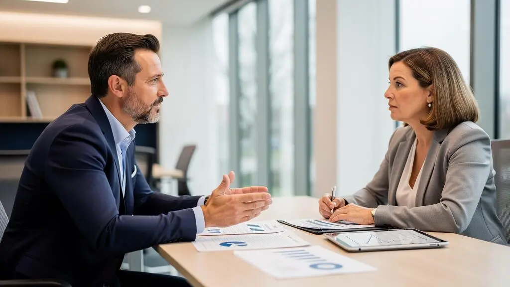 Conseiller financier et cliente en discussion lors d'un rendez-vous de conseil patrimonial sur l'épargne retraite dans un bureau professionnel