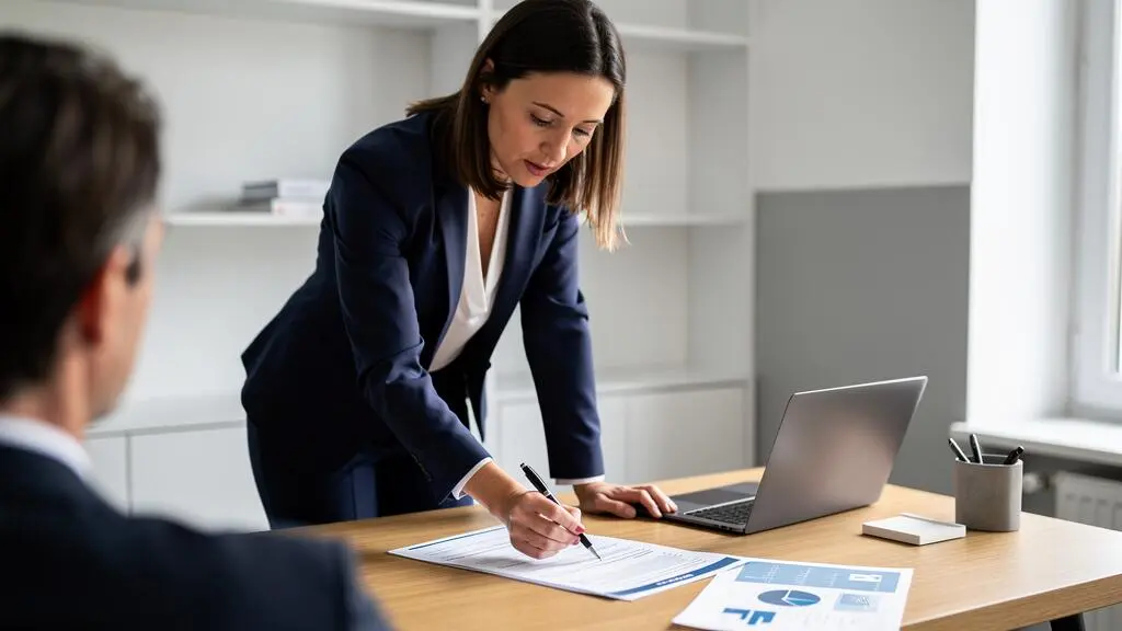 Conseillère financière debout expliquant le mécanisme de report des plafonds de déduction PER à un client dans un bureau professionnel