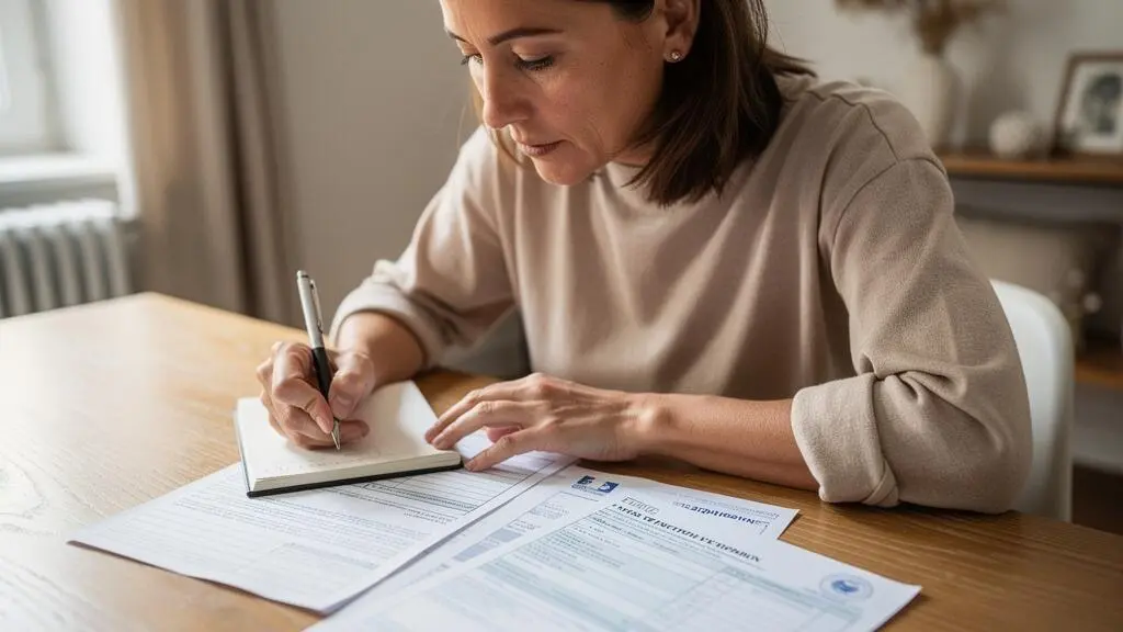 Femme consultant attentivement son avis d'imposition pour identifier son plafond de déduction fiscale PER à son domicile