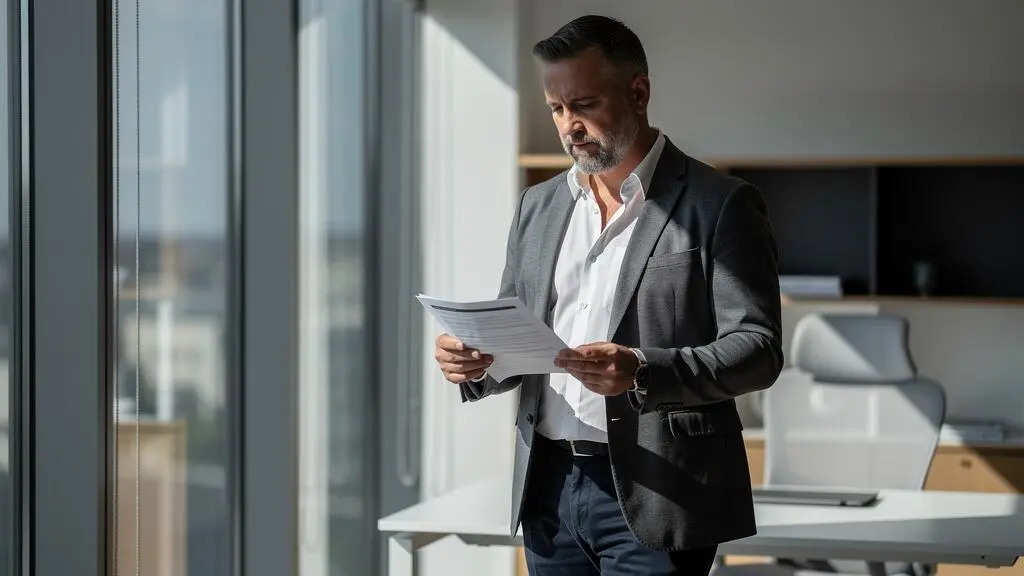 Travailleur indépendant consultant des documents de planification retraite dans son bureau professionnel près d'une fenêtre