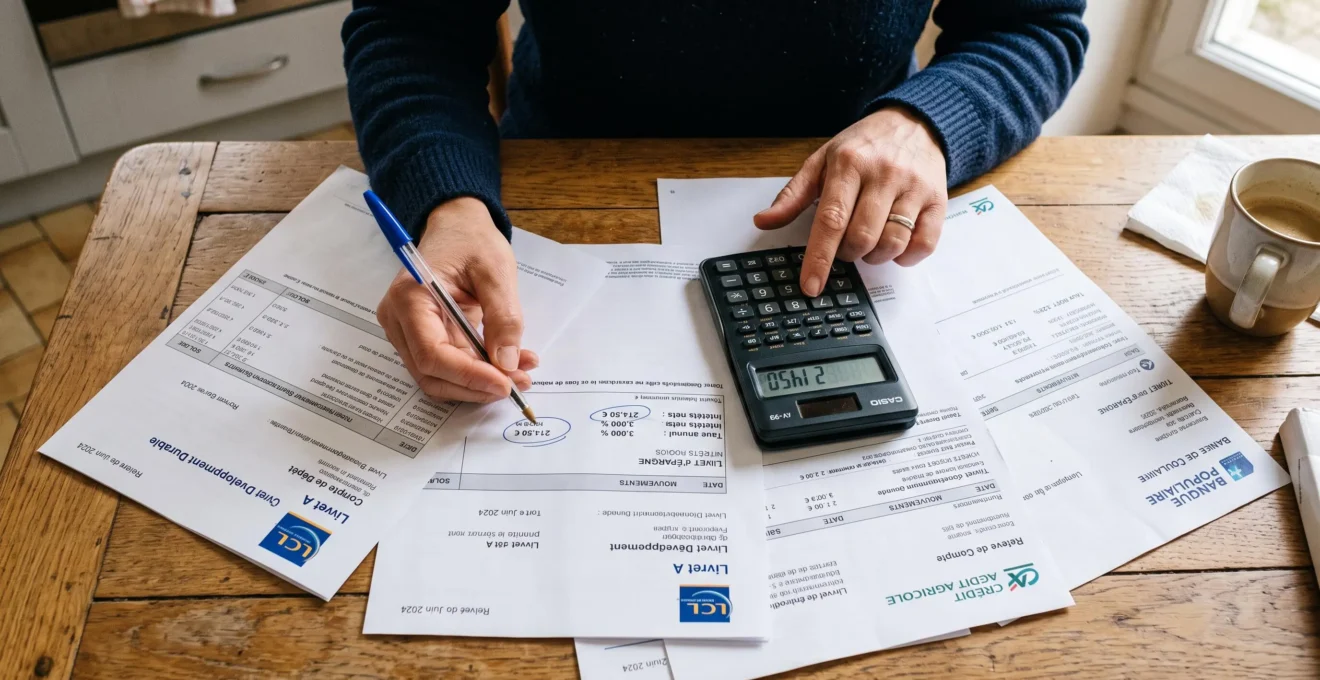 Mains d'une personne utilisant une calculatrice pour analyser des relevés de livret d'épargne sur une table