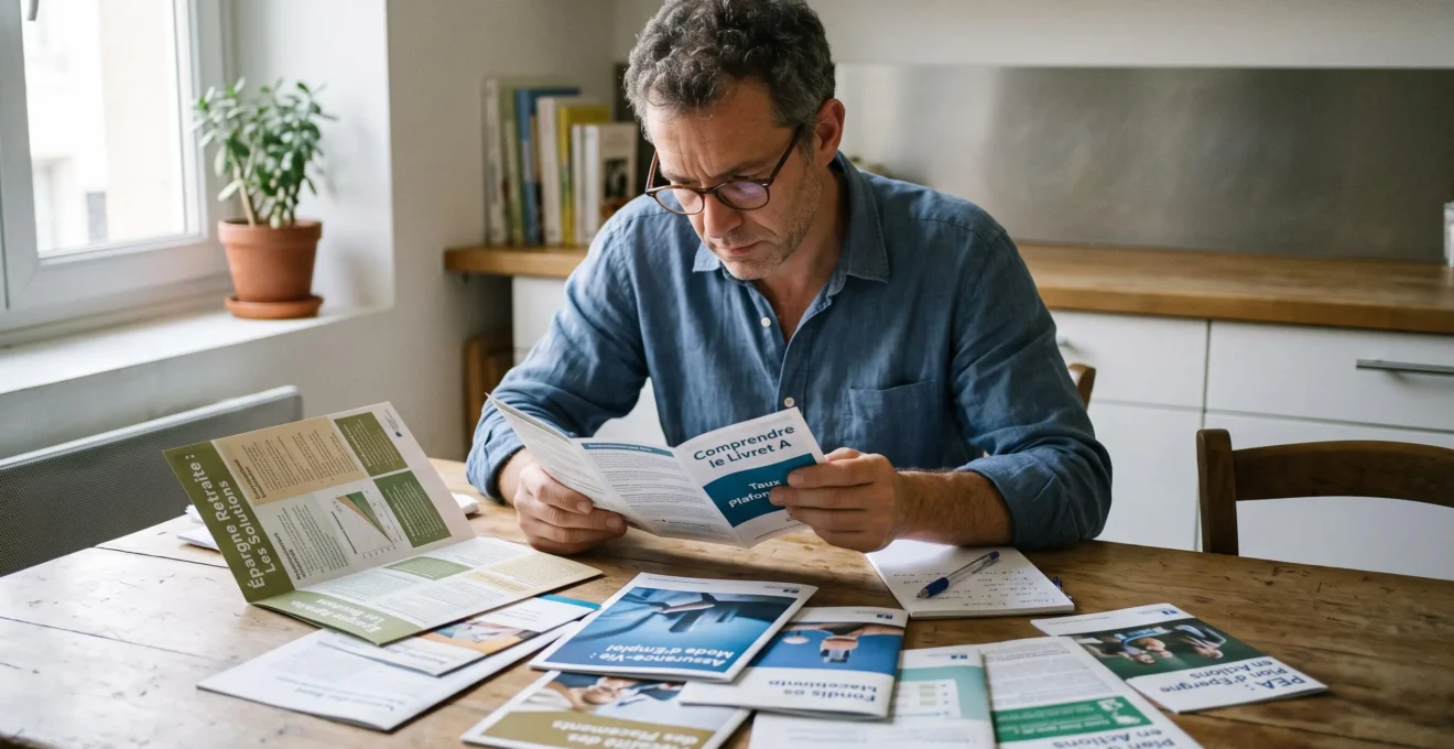 Homme comparant différentes brochures de produits d'épargne et de placements sur une table