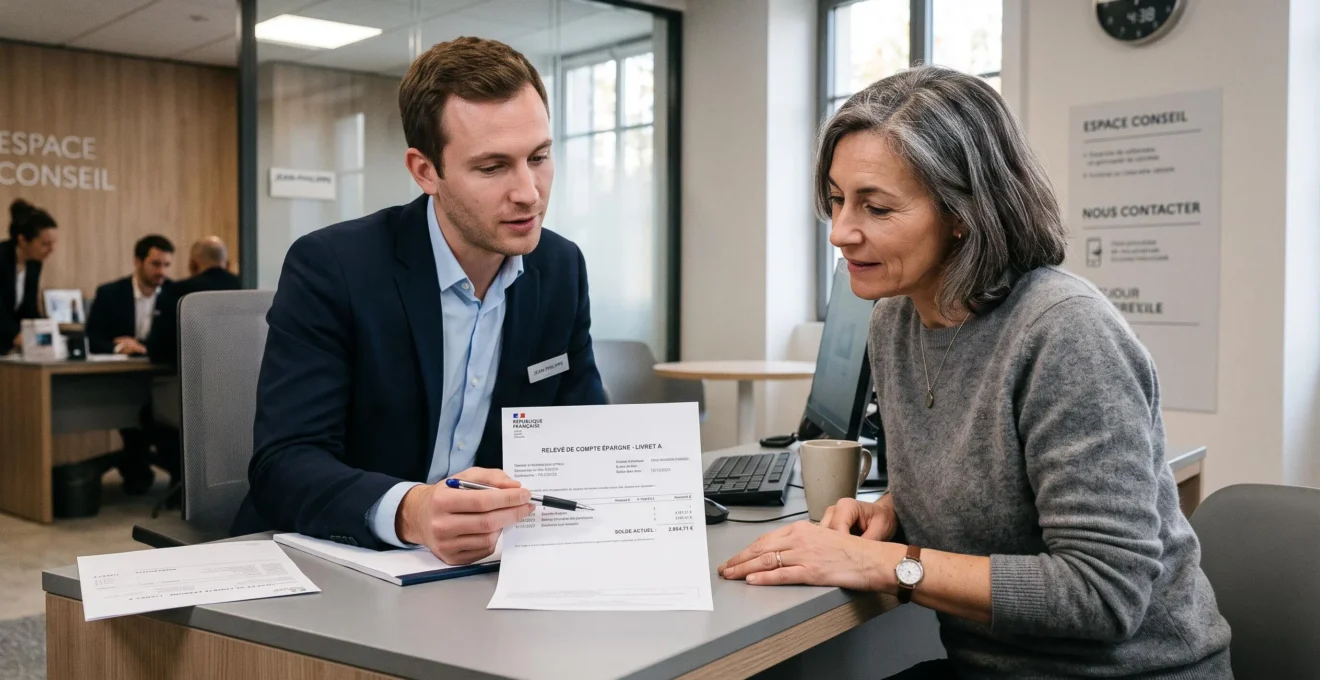 Conseillère bancaire expliquant un relevé de livret d'épargne à une cliente dans une agence bancaire française