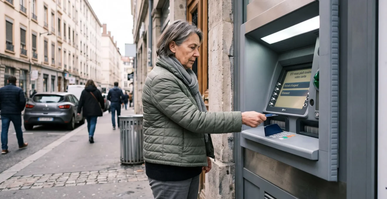 Personne senior utilisant un distributeur automatique bancaire dans une rue française